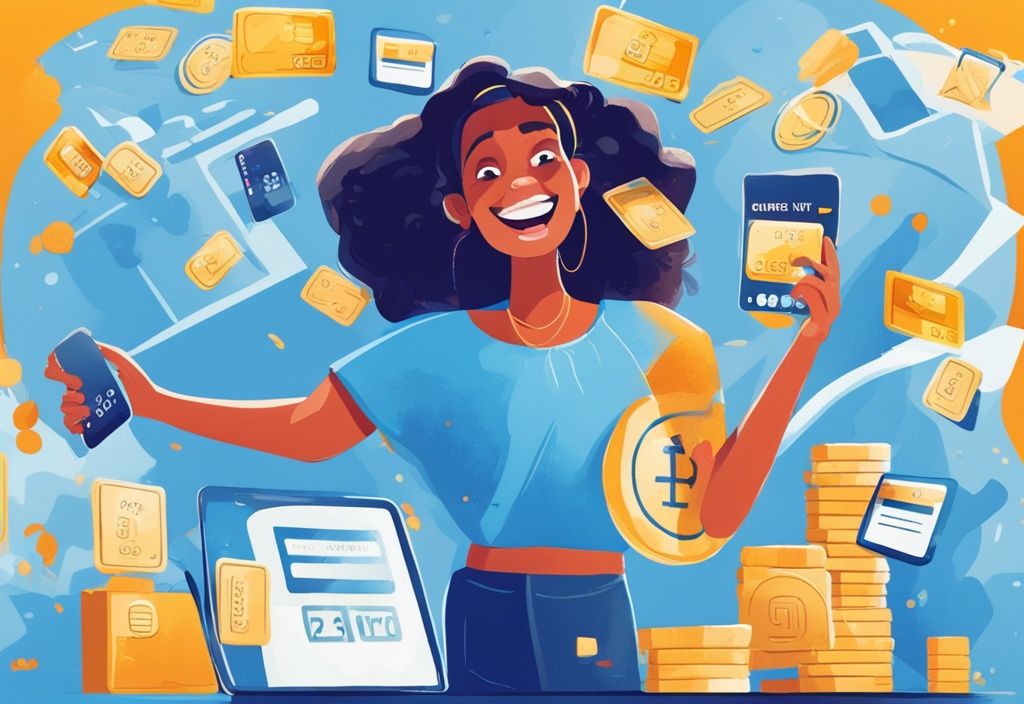 Moderne digitale Illustration einer lächelnden Person mit verschiedenen Bankkarten und hoher Kreditwürdigkeit auf einem digitalen Bildschirm, symbolisiert effizientes Finanzmanagement.