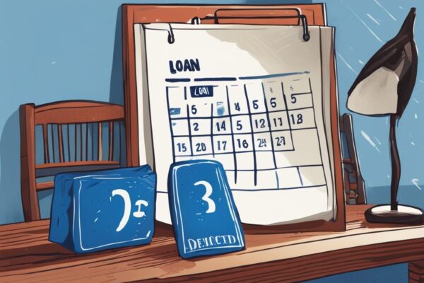 Digitale Illustration eines abgelehnten Kreditantrags mit "Abgelehnt"-Stempel auf Holztisch, Kalender markiert ein Datum, thematisiert die Frage "ab wann bekommt man keinen Kredit mehr