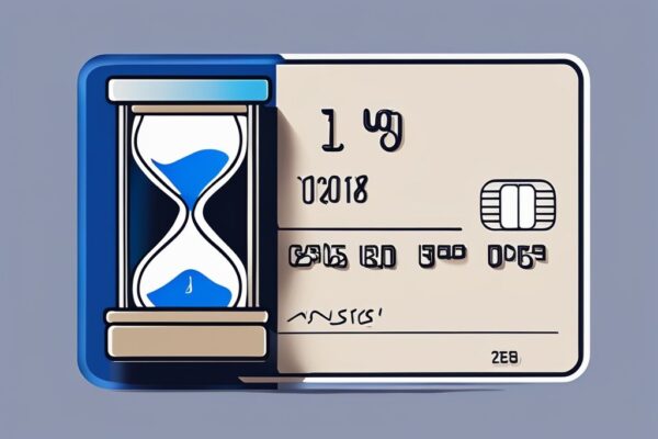 Moderne digitale Malerei mit blauem Farbschema: Sanduhr auf Kreditkarte symbolisiert die Bedeutung der Zeit in der Duratio Kredit Erfahrung.