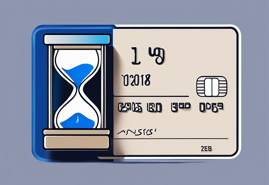Moderne digitale Malerei mit blauem Farbschema: Sanduhr auf Kreditkarte symbolisiert die Bedeutung der Zeit in der Duratio Kredit Erfahrung.