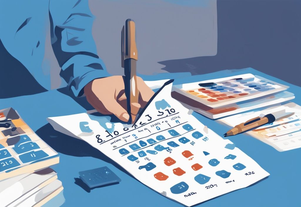 Moderne digitale Malerei mit blauem Farbschema, ein geöffneter Kalender auf einem Tisch mit markierten Terminen für Krediterhöhungen, eine Hand schwebt mit einem Stift darüber und erwägt ein weiteres Datum.