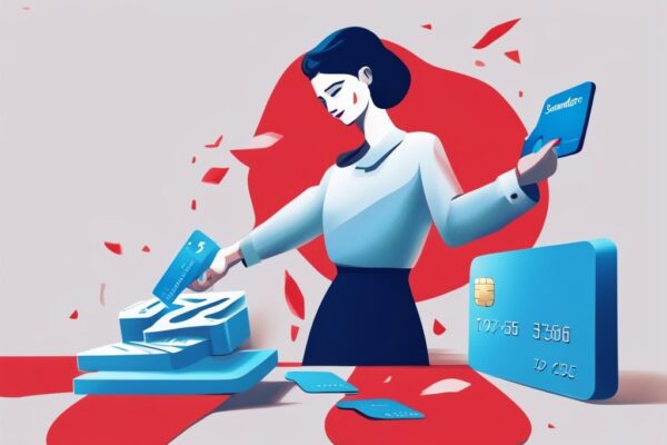 Moderne digitale Illustration in Blau: Eine Person schneidet glücklich eine Santander Kreditkarte in zwei Hälften, symbolisiert die Freiheit, den Santander Kredit ablösen.