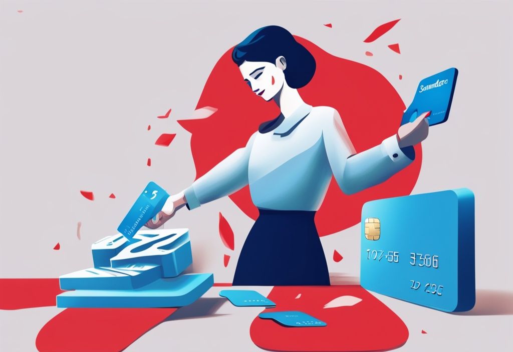 Moderne digitale Illustration in Blau: Eine Person schneidet glücklich eine Santander Kreditkarte in zwei Hälften, symbolisiert die Freiheit, den Santander Kredit ablösen.
