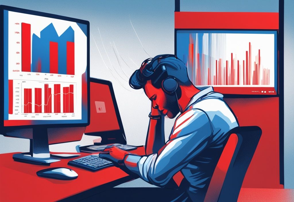Moderne digitale Illustration mit blauem Farbschema, eine gestresste Person starrt auf einen Computerbildschirm mit einem Balkendiagramm, das in den roten Bereich fällt, symbolisiert eine Überziehungslinie; was ist ein Dispo Kredit.