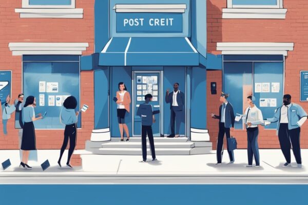 Moderne digitale Malerei mit blauem Farbschema zeigt diverse Personen, die vor einer Bank lächeln und personalisierte Karten mit der Aufschrift "post-discharge credit" halten. Keyword: welche Bank gibt Kredit nach Restschuldbefreiung.