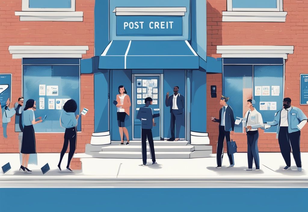 Moderne digitale Malerei mit blauem Farbschema zeigt diverse Personen, die vor einer Bank lächeln und personalisierte Karten mit der Aufschrift "post-discharge credit" halten. Keyword: welche Bank gibt Kredit nach Restschuldbefreiung.