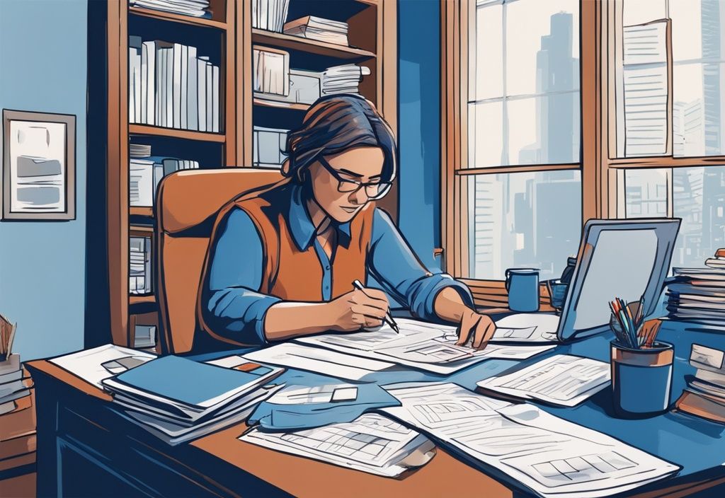 Moderne digitale Illustration in Blau, Person prüft Unterlagen mit Berechnungen für einen Eigenheimkredit in gemütlichem Büro, Kredit wie viel Eigenkapital