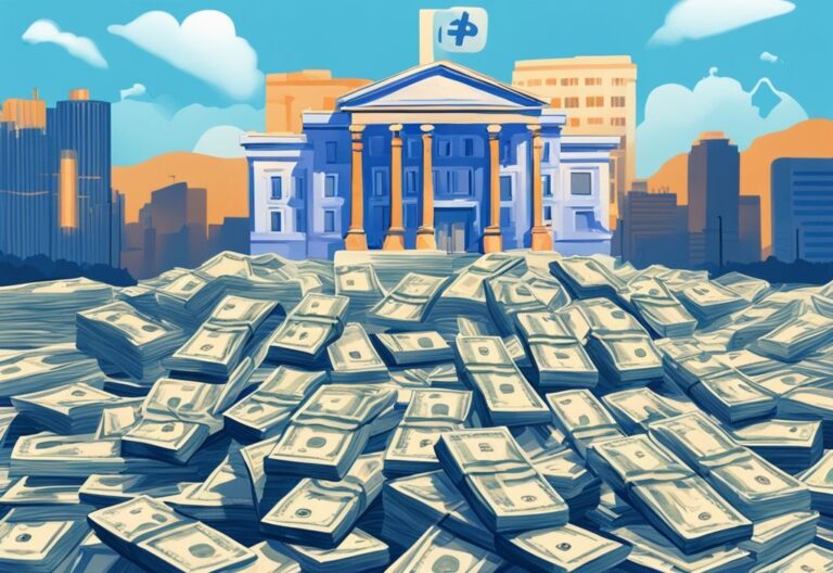 Moderne digitale Illustration mit 200.000 Euro Bargeldstapeln, einem Prozentzeichen für Zinssätze, einem Taschenrechner und einem Bankgebäude im Hintergrund - was kostet ein Kredit über 200.000 Euro.