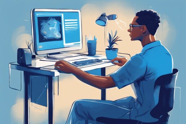 Moderner digitaler Gemäldeillustration einer selbstbewussten Person, die erfolgreich einen Comdirect Kredit am Computer beantragt, und die Einfachheit und Effizienz des Prozesses zeigt.