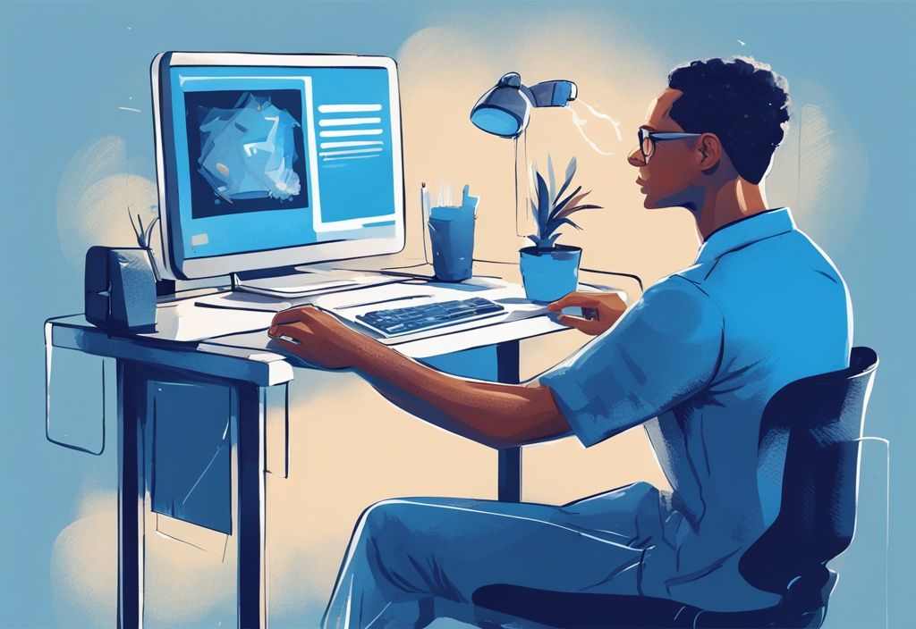Moderner digitaler Gemäldeillustration einer selbstbewussten Person, die erfolgreich einen Comdirect Kredit am Computer beantragt, und die Einfachheit und Effizienz des Prozesses zeigt.