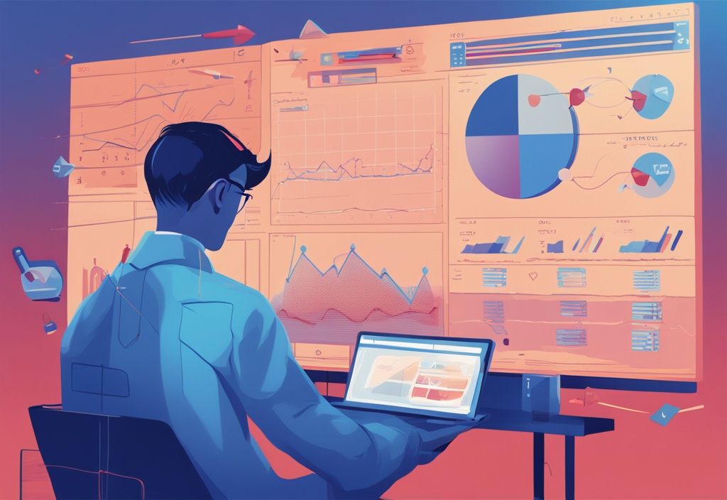 Moderne digitale Malerei einer Person, die eine digitale Anzeige mit Pfeilen, Grafiken und Zahlen studiert, die den Kredit auf Wertpapiere symbolisieren.