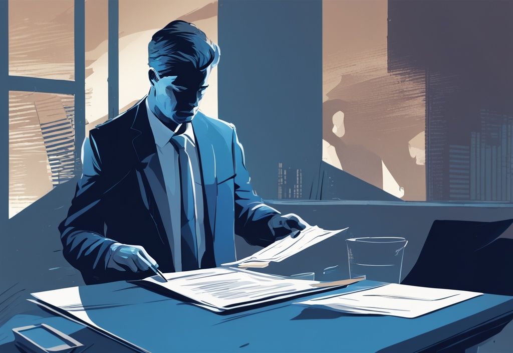 Moderner digitaler Gemäldeillustration eines gestressten Geschäftsinhabers, der über die Unterlagen seiner GmbH gebeugt ist, während eine schattenhafte Figur im Hintergrund die Haftung darstellt; GmbH Kredit wer haftet.