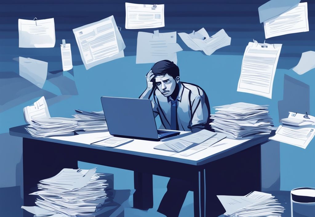 Moderne digitale Illustration einer frustrierten Person am Schreibtisch mit vielen Dokumenten und einem Laptop, der eine abgelehnte Kreditanfrage anzeigt, in blauen Farbtönen.