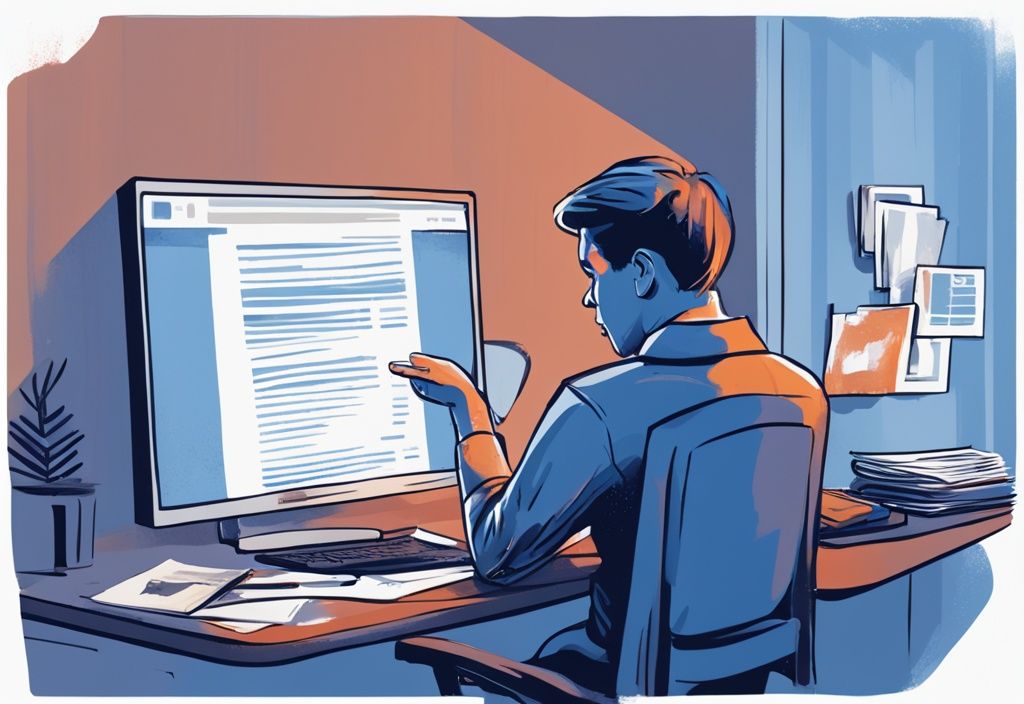Moderne digitale Malerei, verwirrte Person vor Computer mit abgelehntem Kreditantrag, positiver Schufa-Score auf Dokument auf Schreibtisch, Hauptfarbe Blau