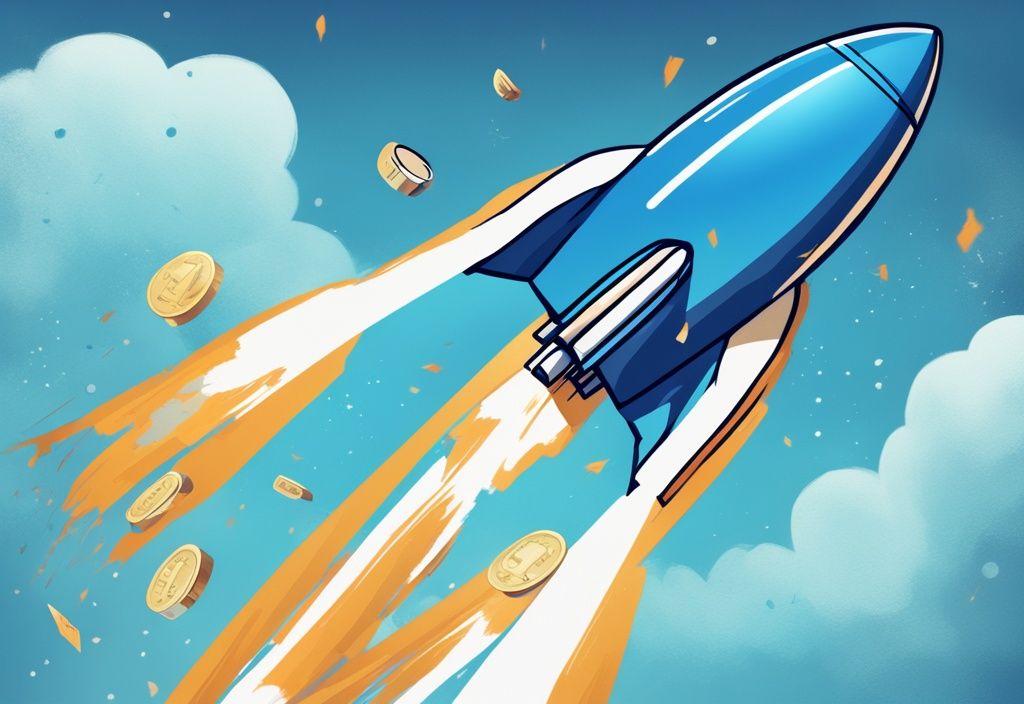 Illustration eines modernen digitalen Gemäldes mit blauem Farbschema: Eine Rakete in Form einer Kreditkarte fliegt durch den Himmel und hinterlässt eine Spur von Dollarzeichen.