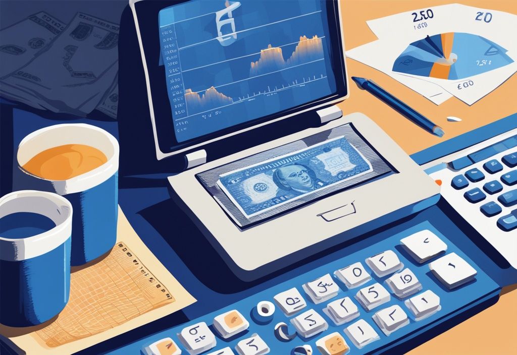 Moderne digitale Illustration mit blauem Farbschema, Finanzdiagramm, Taschenrechner mit Anzeige 2500 und Banknote, symbolisiert die Frage: wie viel Kredit bekommt man mit 2500 netto.