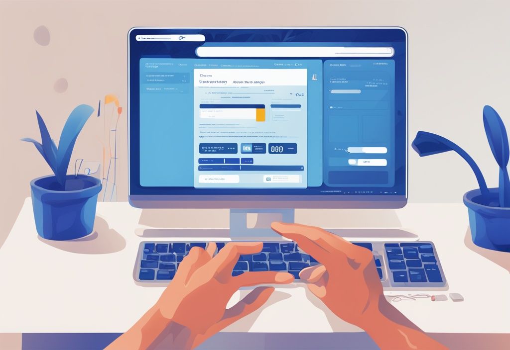Nahaufnahme eines Computermonitors mit geöffneter Auxmoney-Website, auf der ein Benutzer seine Daten eingibt, um einen Kredit zu beantragen, in moderner digitaler Malerei mit blauem Farbschema.