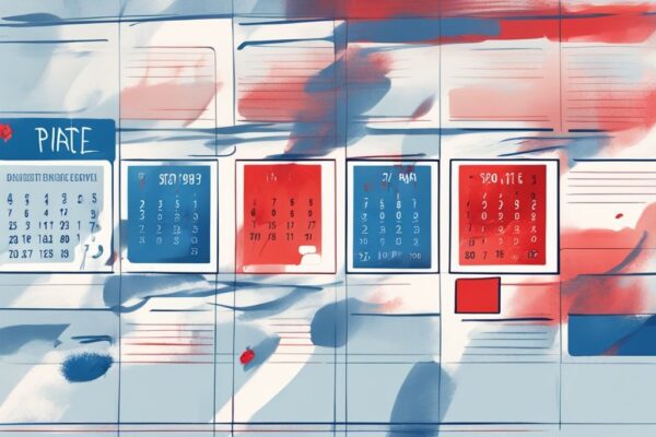 Modernes digitales Gemälde mit blauem Farbschema, das einen Kalender mit Markierungen für die Dauer zeigt, wie lange steht ein abgelehnter Kredit in der Schufa, und eine Kreditkarte mit rotem "abgelehnt"-Stempel daneben.