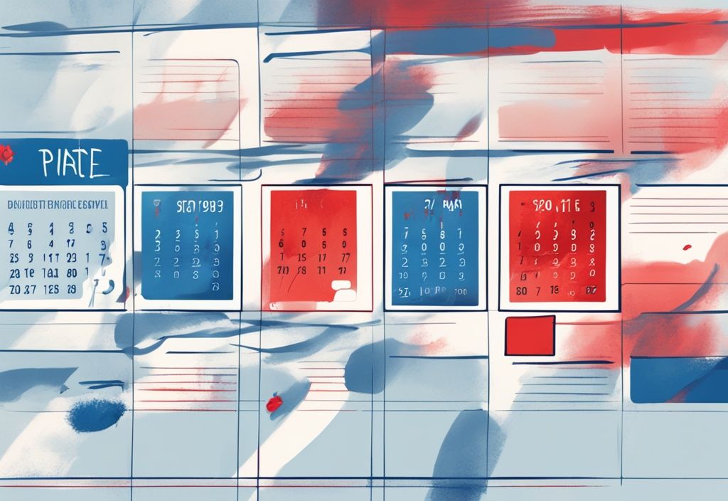 Modernes digitales Gemälde mit blauem Farbschema, das einen Kalender mit Markierungen für die Dauer zeigt, wie lange steht ein abgelehnter Kredit in der Schufa, und eine Kreditkarte mit rotem "abgelehnt"-Stempel daneben.