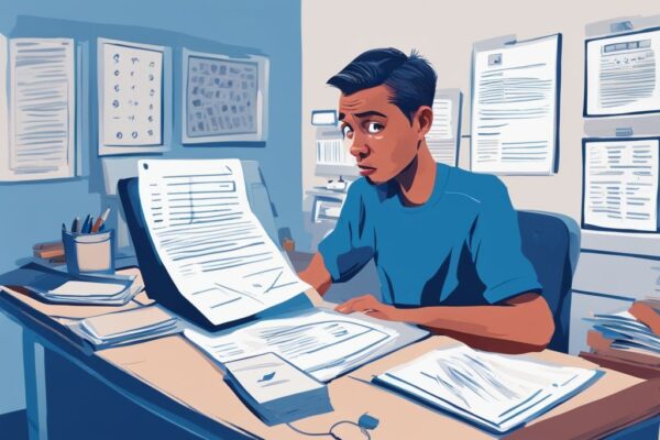 Moderne digitale Malerei eines verwirrten Individuums am Schreibtisch mit Kreditformularen und Computerbildschirm mit positiver Schufa, warum bekomme ich keinen Kredit trotz positiver Schufa.