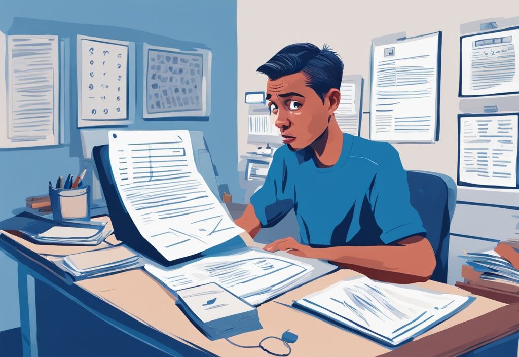 Moderne digitale Malerei eines verwirrten Individuums am Schreibtisch mit Kreditformularen und Computerbildschirm mit positiver Schufa, warum bekomme ich keinen Kredit trotz positiver Schufa.