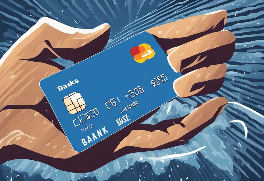 Digitale Illustration einer Hand, die eine Kreditkarte mit Banklogo durch stürmisches Wetter in sonniges Wetter übergibt, symbolisiert die Überwindung eines negativen Schufa-Eintrags.