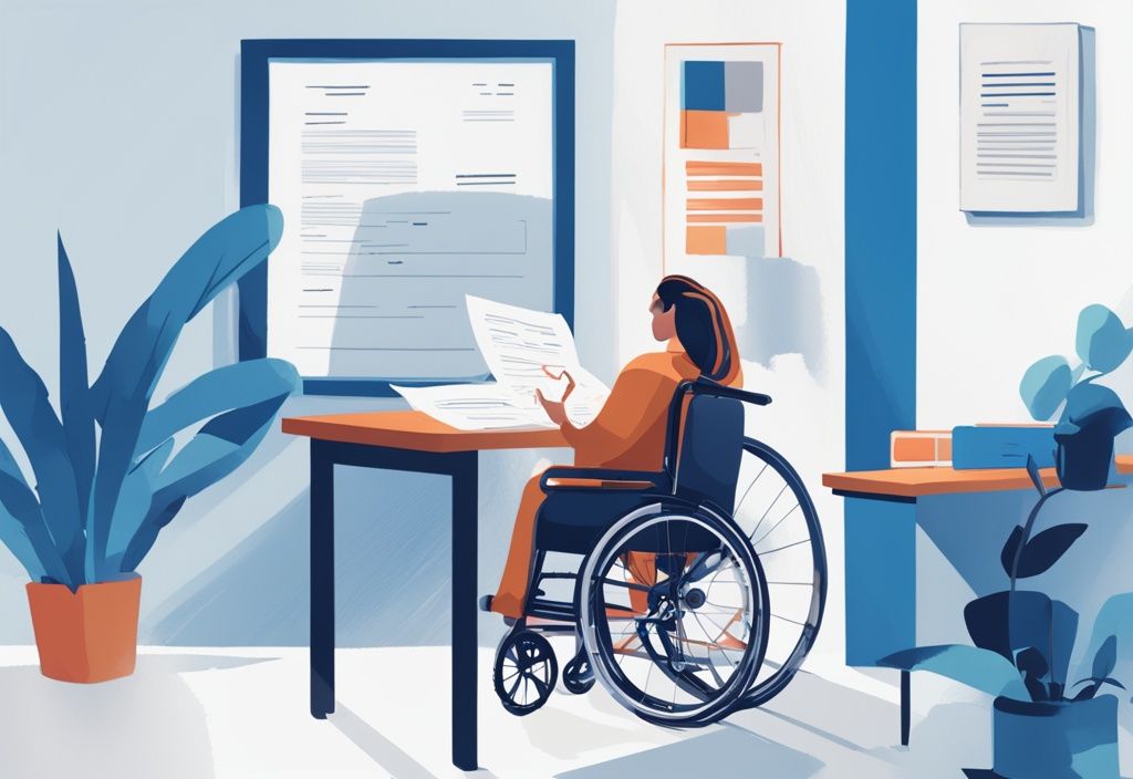 Moderne digitale Illustration einer Person im Rollstuhl, die glücklich Papierkram an einem Schreibtisch durchgeht, mit dem fettgedruckten Text "Zinsfreies Darlehen" auf dem Dokument, Hauptfarbthema Blau.