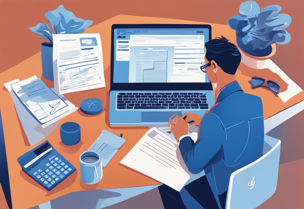 Moderner digitaler Gemäldeillustration mit Blau als Hauptfarbe, eine nachdenkliche Person analysiert verschiedene Dokumente, mit einem Laptop, der eine Kreditvergleichswebsite zeigt, und einem Taschenrechner auf dem Tisch.
