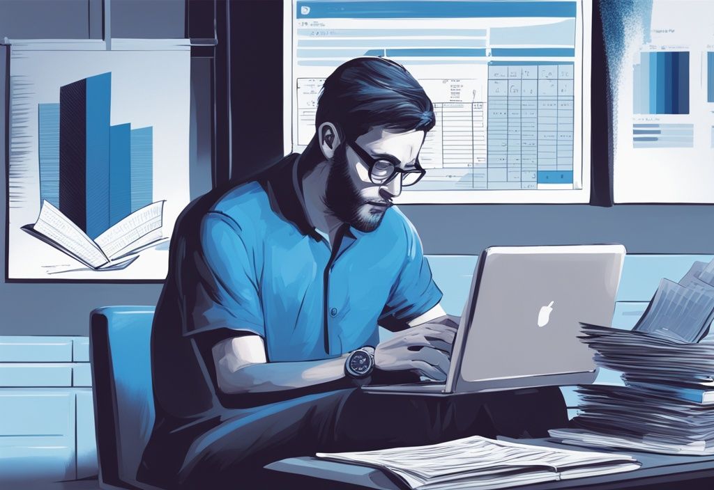 Moderner digitaler Malerei-Illustration eines Mannes, der einen Taschenrechner neben einem Tisch voller Finanzdokumente benutzt, mit der Zahl 3000 auf einem Laptop-Bildschirm.