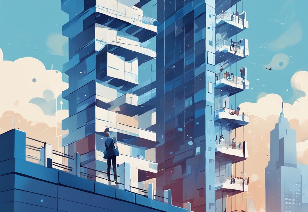 Moderne digitale Illustration eines Hochhauses mit verschiedenen Schufa Score Zahlen auf den Etagen, eine Figur versucht, die Spitze zu erreichen, symbolisiert höhere Kreditwürdigkeit, wie hoch muss der Schufa Score sein für einen Kredit.