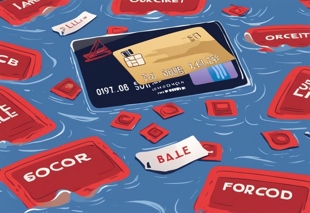 Moderne digitale Illustration in Blau: Kreditkarte im Treibsand mit roten finanziellen Warnsymbolen wie überfälligen Rechnungen, niedrigem Kreditscore und hohem Zinssatz, zeigt was passiert wenn man Kredit nicht bezahlt.