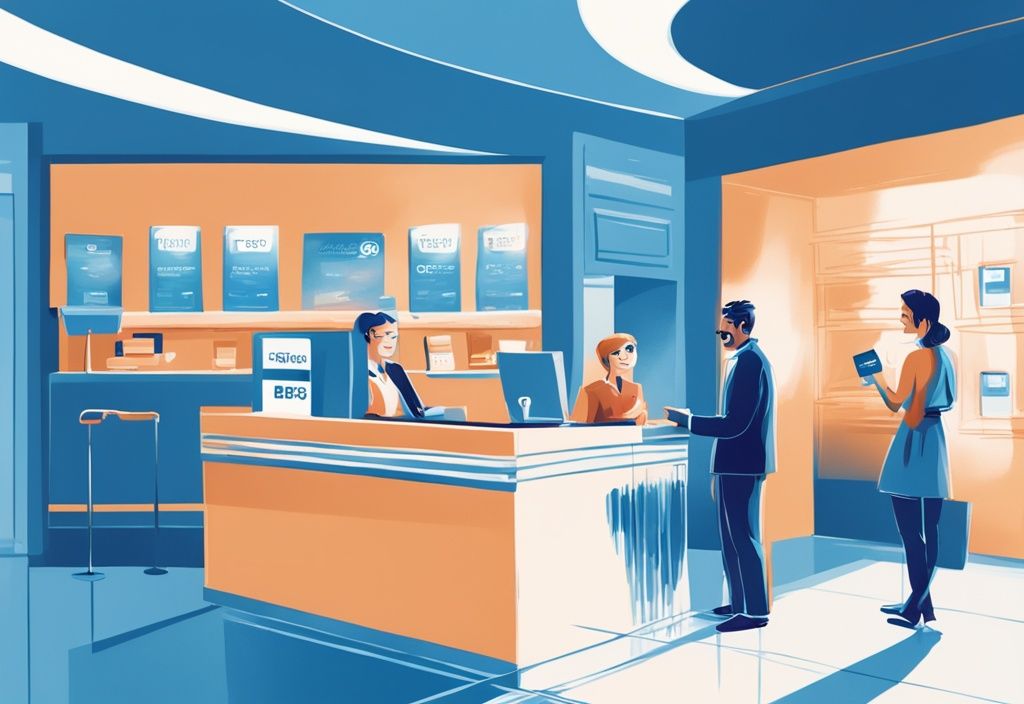 Moderne digitale Illustration eines freundlichen Bankangestellten, der einem erleichterten und lächelnden Kunden in einem gut beleuchteten, minimalistischen Bankinterieur eine Kreditkarte überreicht, Hauptfarbthema Blau.
