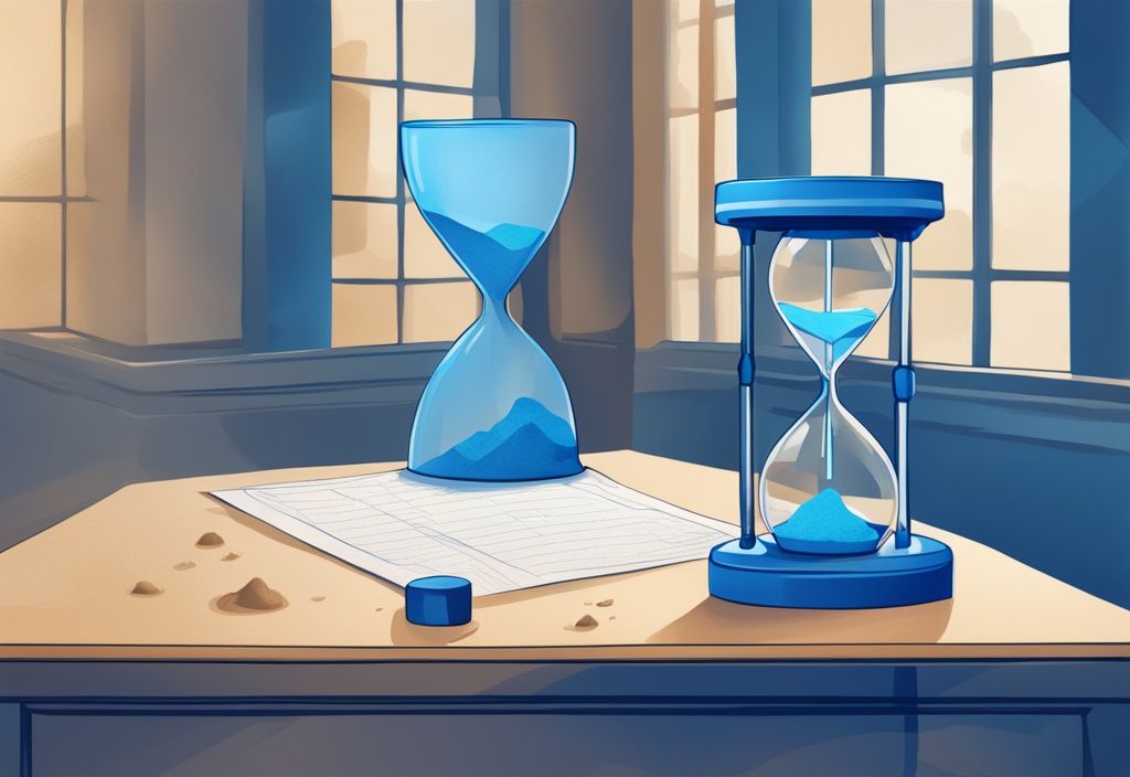 Moderne digitale Illustration, Sanduhr auf Schreibtisch, Volksbank-Logo im Hintergrund, symbolisiert Zeitablauf bei Kreditvergabeprozess.