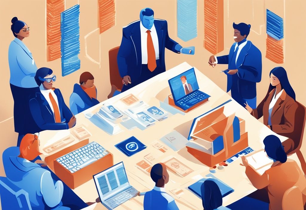 Moderne digitale Illustration einer Beratungsszene mit einer vielfältigen Gruppe von Menschen und Bankvertretern zum Thema Kreditsicherung, mit Banklogos im Hintergrund, Hauptfarbthema Blau.