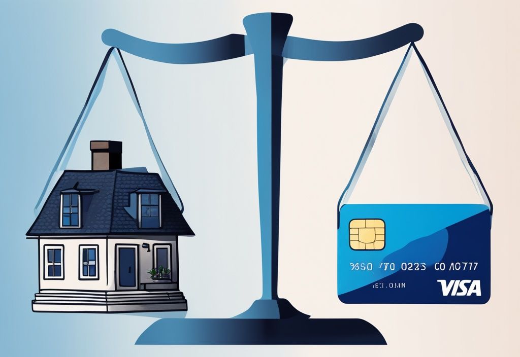 Moderne digitale Illustration in Blau, die eine Waage mit einem Haus (Eigenkapital) und Kreditkarten zeigt, um das Konzept der Nutzung von Eigenkapital für Kredit zu veranschaulichen. Keyword: wie viel Eigenkapital für Kredit.