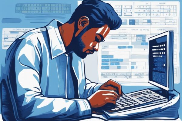 Finden Sie heraus, wie lange Kredit 100.000 abzahlen dauert – Alle Infos hier! Moderne digitale Malerei eines nachdenklichen Individuums, das auf einen Bildschirm mit einem Finanzrechner schaut, der die Rückzahlungsdauer eines Kredit 100.000 wie lange abzahlen berechnet.