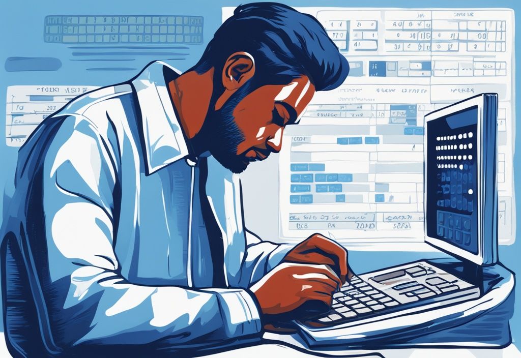 Moderne digitale Malerei eines nachdenklichen Individuums, das auf einen Bildschirm mit einem Finanzrechner schaut, der die Rückzahlungsdauer eines Kredit 100.000 wie lange abzahlen berechnet.