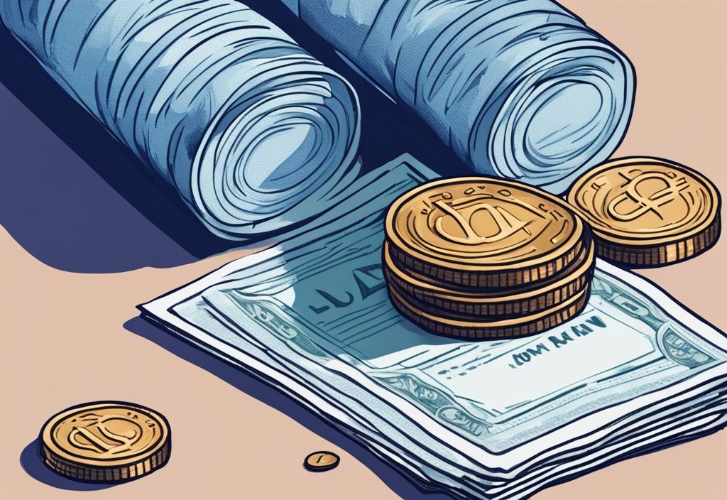 Moderne digitale Illustration mit blauem Farbschema, zeigt einen Stapel Münzen und Banknoten neben einem Vertrag mit dem Begriff 'Darlehen' oben, symbolisiert das Konzept der Geldleihe.