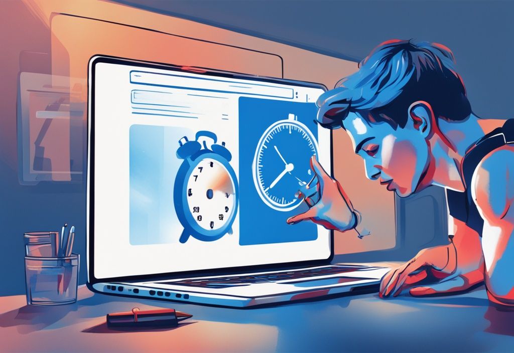Moderne digitale Malerei, Person betrachtet Stoppuhr, Darlehensgenehmigung Benachrichtigung auf Laptop-Bildschirm, Hauptfarbe Blau