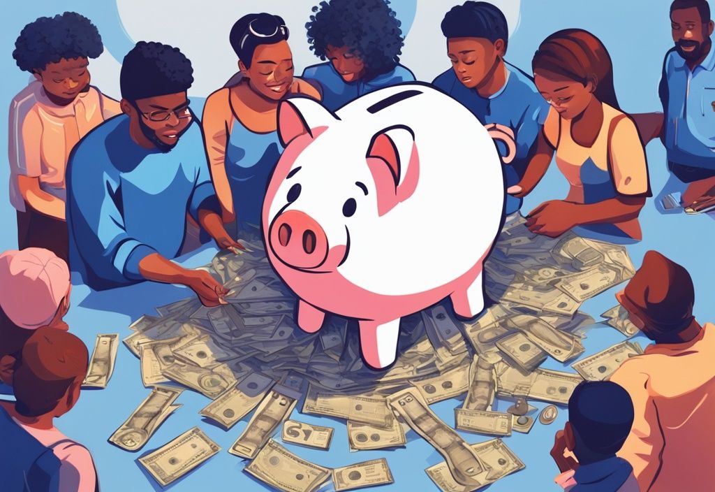 Moderne digitale Illustration in Blau, diverse Bürgergruppe umgibt ein großes transparentes Sparschwein gefüllt mit verschiedenen Währungen, Kredit mit Bürgergeld.