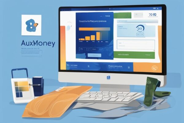 Moderne digitale Illustration in Blau zeigt einen Computerbildschirm mit der Auxmoney-Website und einem Fortschrittsbalken, der den Kredit-Antragsprozess anzeigt. Auxmoney Kredit in Bearbeitung was bedeutet das.