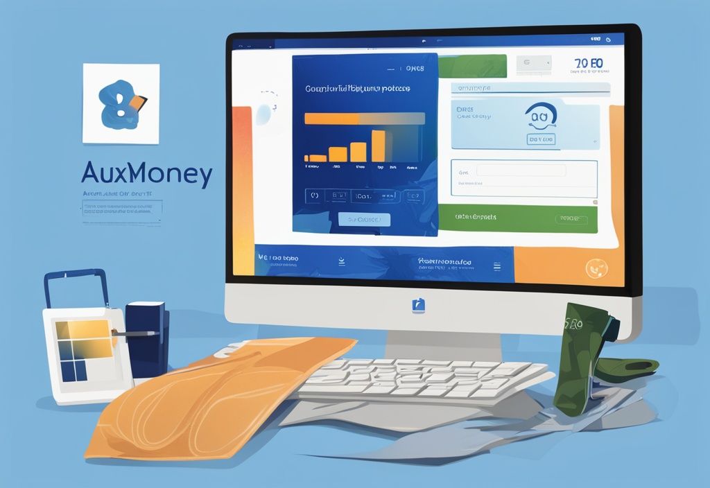 Moderne digitale Illustration in Blau zeigt einen Computerbildschirm mit der Auxmoney-Website und einem Fortschrittsbalken, der den Kredit-Antragsprozess anzeigt. Auxmoney Kredit in Bearbeitung was bedeutet das.