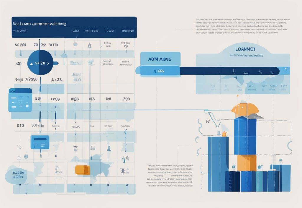 Moderne digitale Illustration einer Infografik zur Kreditamortisation mit blauem Farbschema, zeigt Zeitachse, periodische Zahlungen und abnehmenden Kreditbetrag.