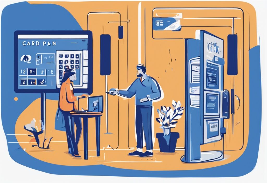 Moderne digitale Illustration: Links Person erhält Kredit von Bank mit Rückzahlungsplan, rechts Person nutzt Kreditkarte mit monatlichen Zahlungen und Zinssätzen, Hauptfarbe Blau.