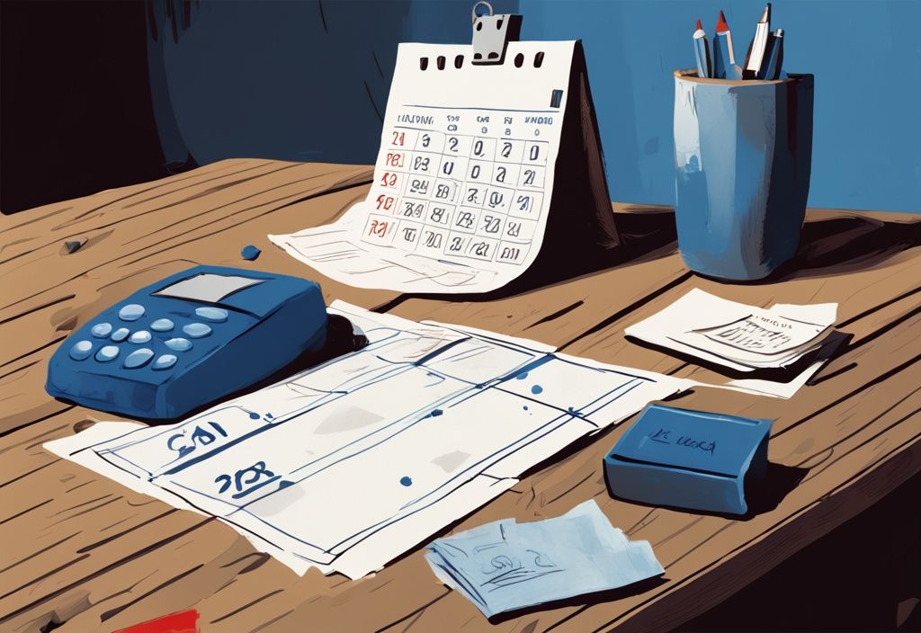 Moderne digitale Illustration in Blau, die eine abgelehnte Kreditanfrage mit einem "Abgelehnt"-Stempel auf einem Holztisch und einem Kalender zeigt, der ein bestimmtes Datum markiert; thematisiert die emotionale Belastung finanzieller Ablehnung (ab wann bekommt man keinen Kredit mehr).