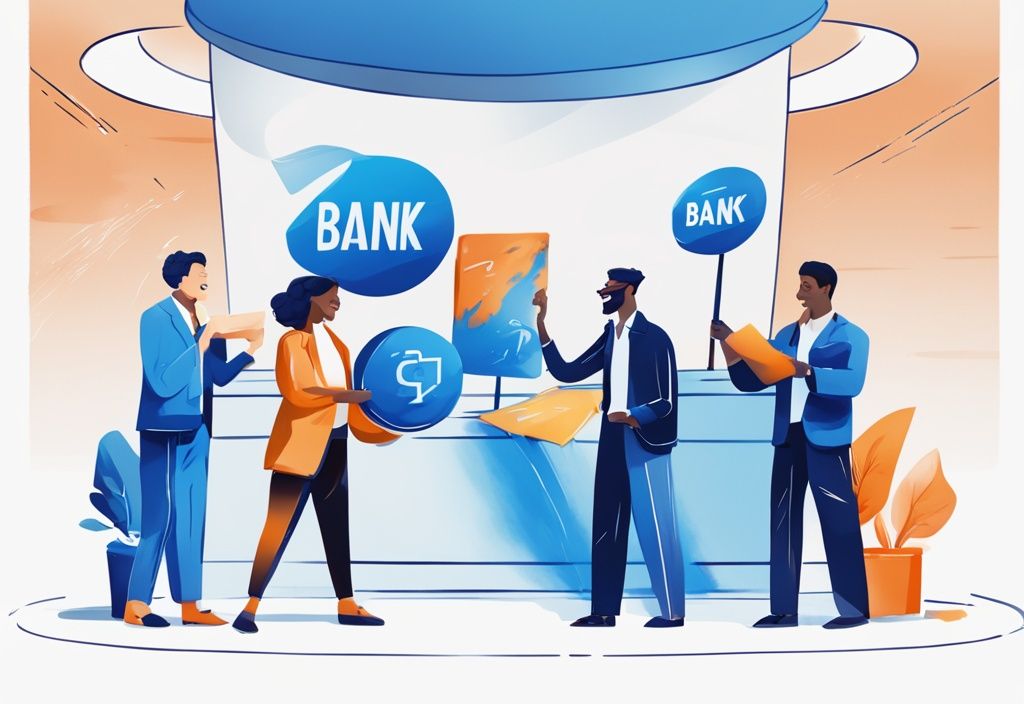 Moderne digitale Illustration in Blau: Eine vielfältige Gruppe hält freudig ein Schild mit einem Banklogo, während eine Person einen Vertrag unterschreibt.