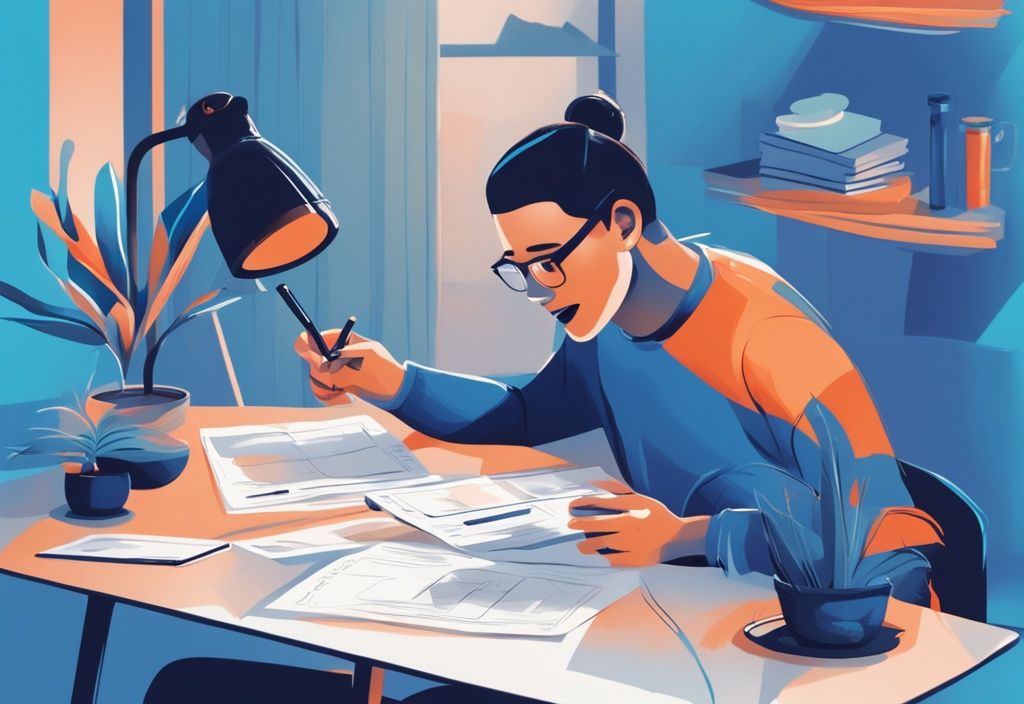 Moderne digitale Illustration in Blau: Person vergleicht glücklich verschiedene Kreditangebote auf einem Tisch, mit Verivox-Logo sichtbar.