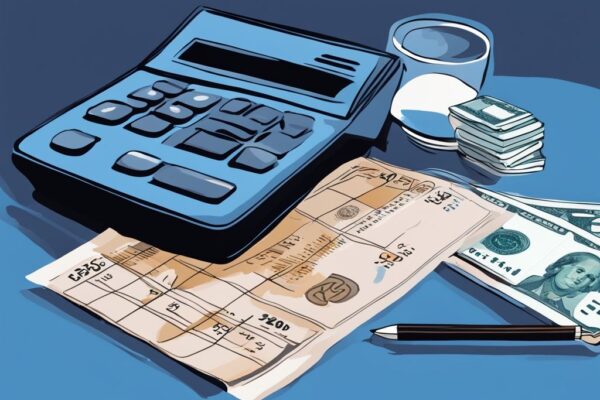 Moderne digitale Malerei mit blauem Farbschema, Finanzdiagramm, Taschenrechner mit Anzeige 2500 und Banknote, symbolisierend die Frage: wie viel Kredit bekommt man mit 2500 netto.