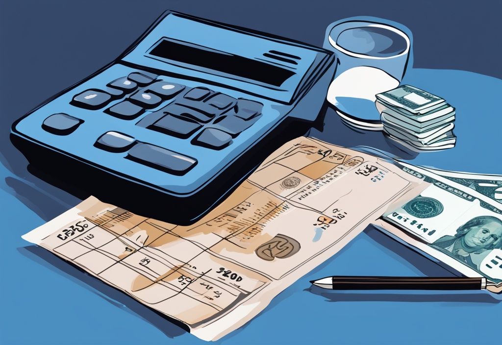 Moderne digitale Malerei mit blauem Farbschema, Finanzdiagramm, Taschenrechner mit Anzeige 2500 und Banknote, symbolisierend die Frage: wie viel Kredit bekommt man mit 2500 netto.