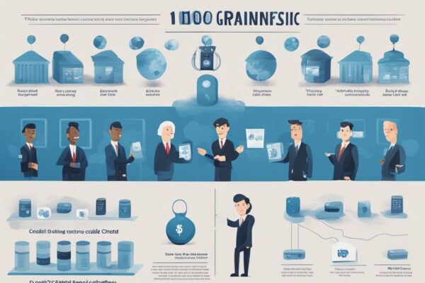 Infografik mit verschiedenen Banken, welche Bank vergibt Kredit bei schlechter Bonität, moderne digitale Malerei, Hauptfarbe Blau